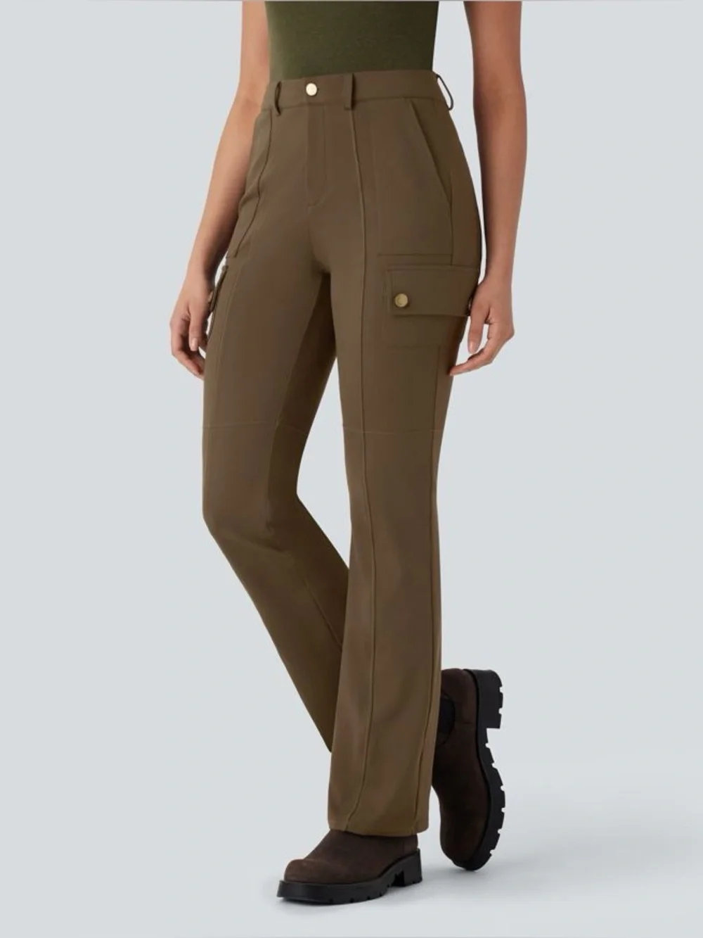 Halara DayStretch Mid Rise Pockets Hiking Cargo Bootcut Pants| Light Brown/Taupe - Picture 2 of 8